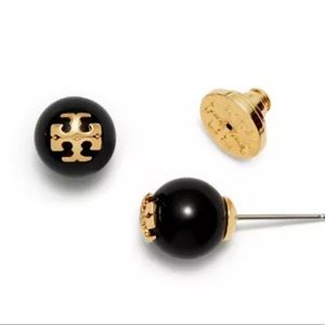 Tory Burch "Evie" Black Pearl Logo Stud Earrings